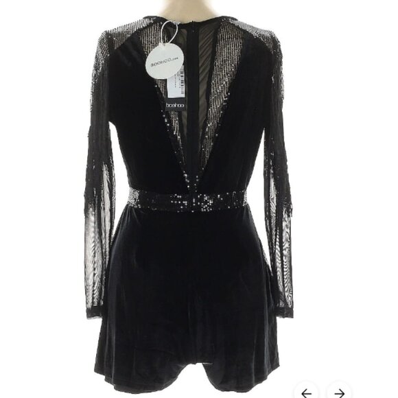 Boohoo Black Sequin Romper Mesh Sexy Sequins Tassles Long Sleeves - Picture 2 of 2